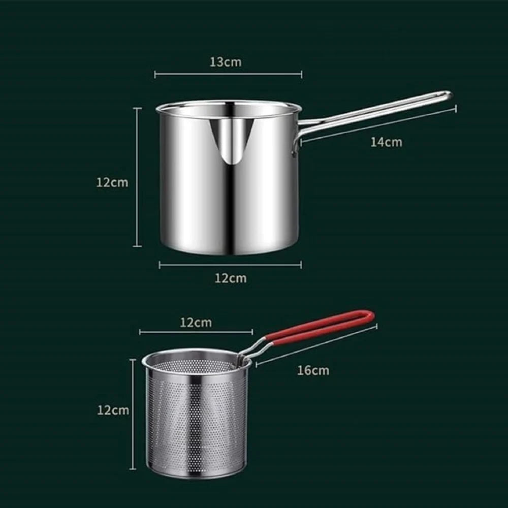 Deep Frying Pot with Strainer - 1200ml Stainless Steel Pan with Handle