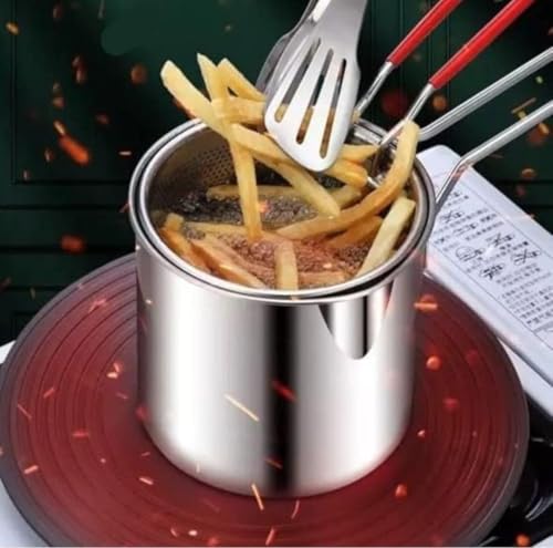 Deep Frying Pot with Strainer - 1200ml Stainless Steel Pan with Handle