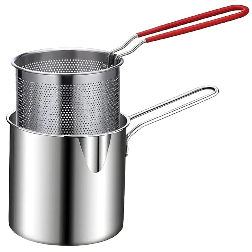 Deep Frying Pot with Strainer - 1200ml Stainless Steel Pan with Handle
