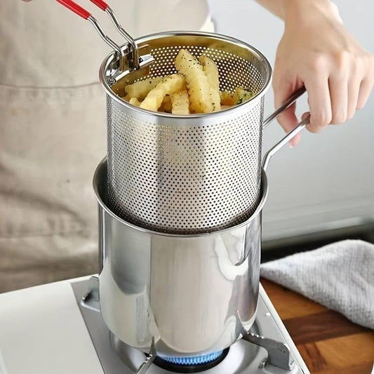 Deep Frying Pot with Strainer - 1200ml Stainless Steel Pan with Handle