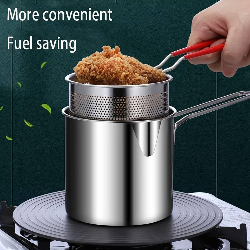 Deep Frying Pot with Strainer - 1200ml Stainless Steel Pan with Handle