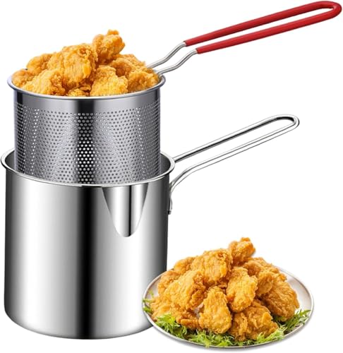 Deep Frying Pot with Strainer - 1200ml Stainless Steel Pan with Handle